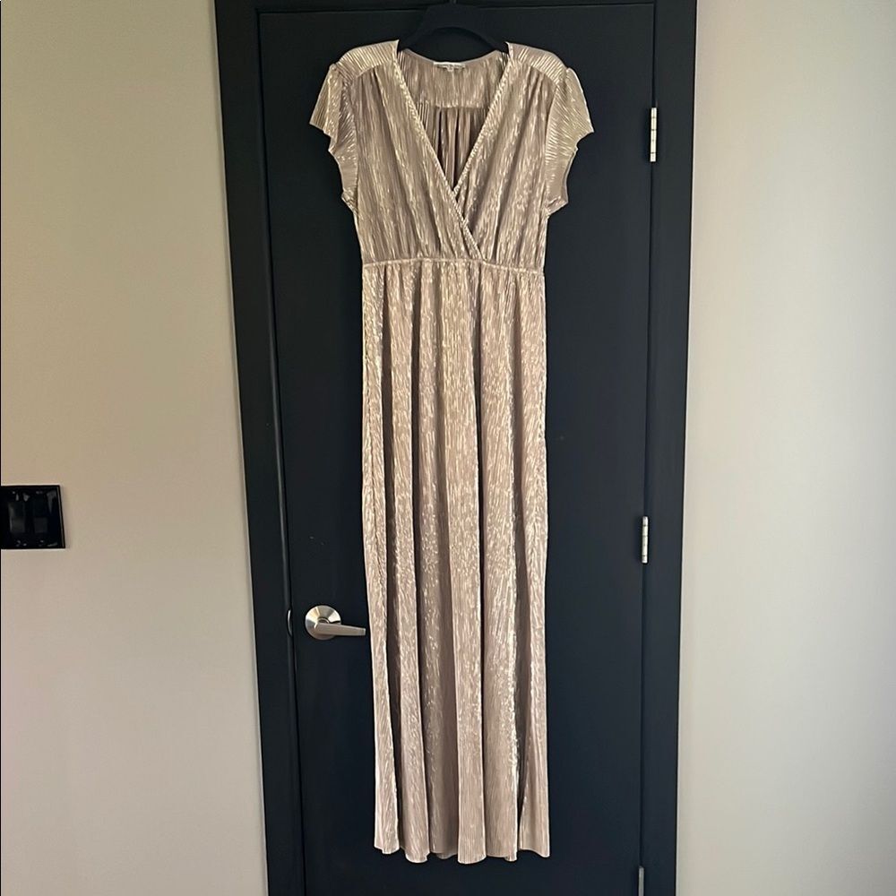 Gold Pleated Flutter Sleeve Maxi Dress